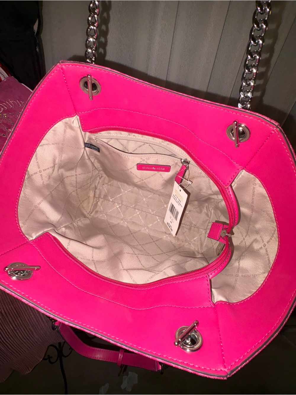 Michael Kors Hot Pink Logo Tote with Chain-Strap - Picture 3 of 5